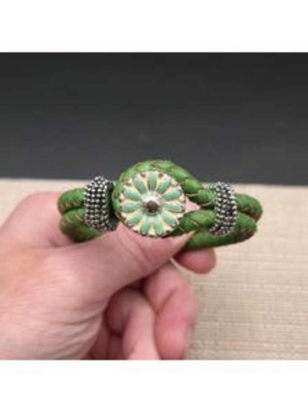6.5 Inch Green Braided Leather Flower Bracelet B1506